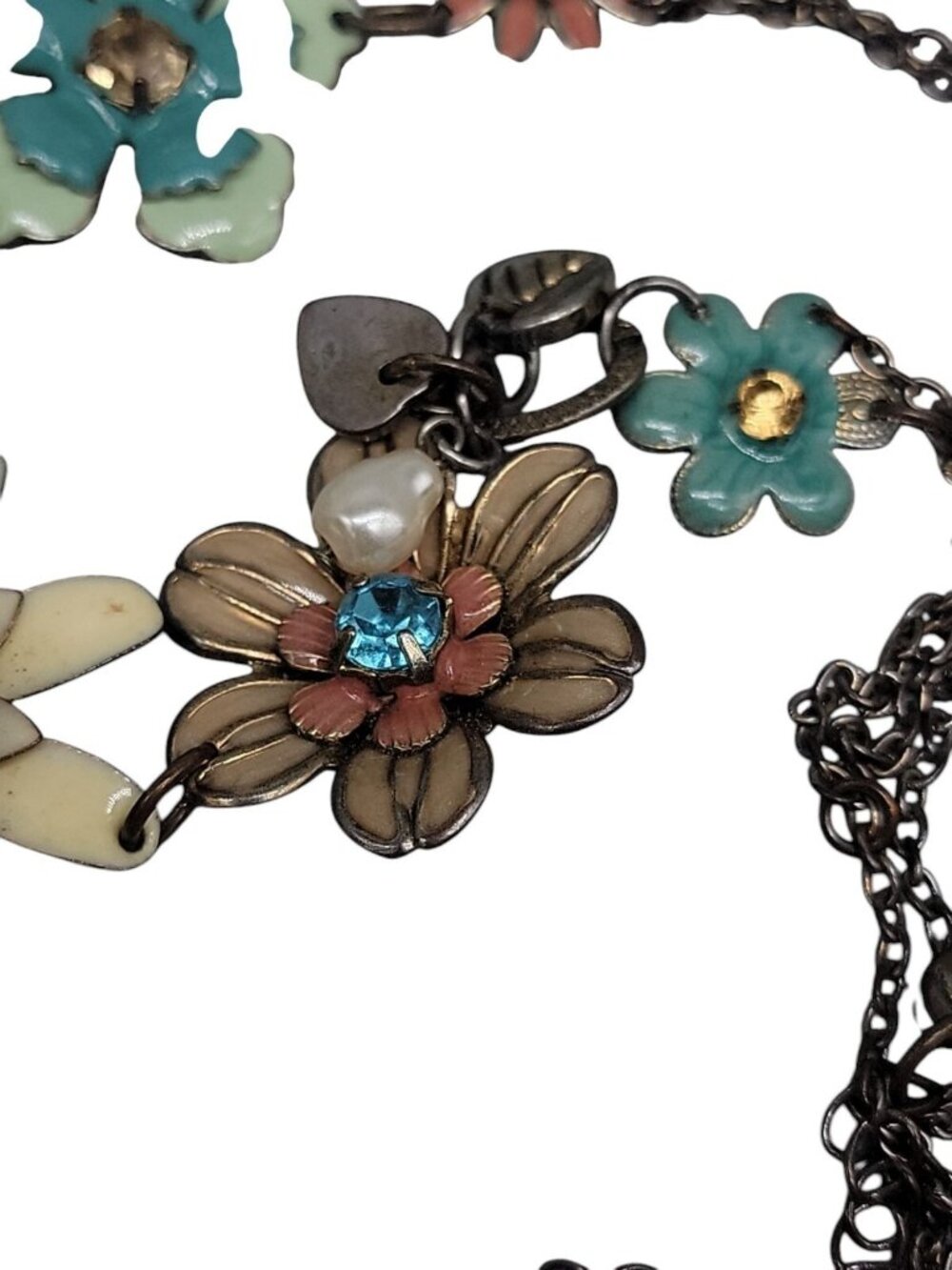 Vintage Plunder Dangling Flower Necklace Multicolor Rhinestones Silver Tone 20" - Picture 13 of 16